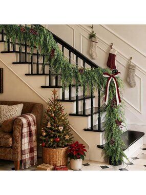 16FT Artificial Cedar Pine Garland for Holiday Stair Railing Decor, Festive Home